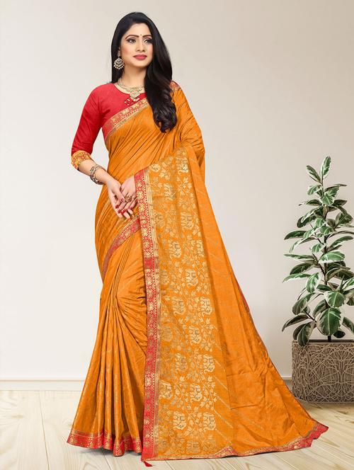 orange silk woven foil print saree with blouse - 19506455 - Very Small Image - 1