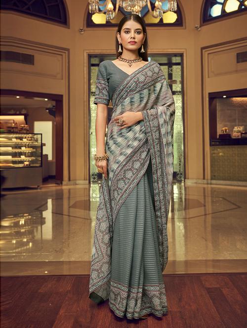 grey georgette woven printed saree with blouse - 19506472 - Very Small Image - 1