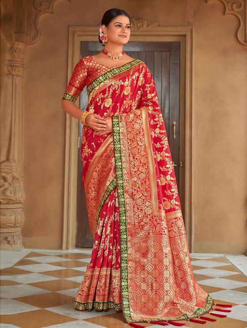 red satin woven saree with blouse - 19506482 - Very Small Image - 1