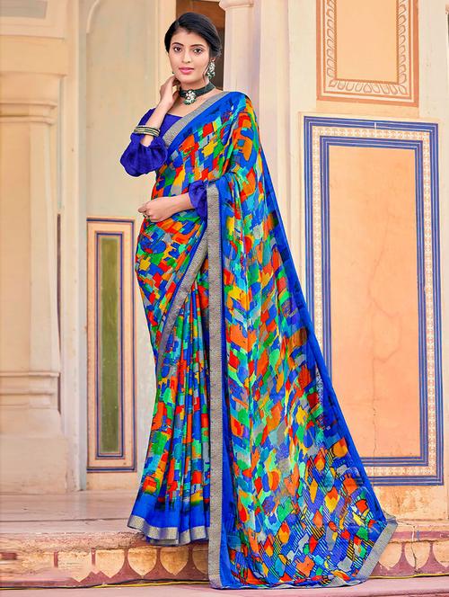 blue chiffon printed saree - 19506497 - Very Small Image - 1