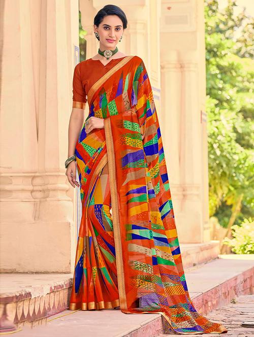 orange chiffon printed saree with blouse - 19506499 - Very Small Image - 1