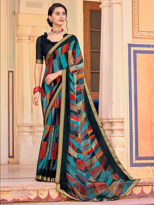 multi colored chiffon printed saree with blouse - 19506502 - Very Small Image - 1