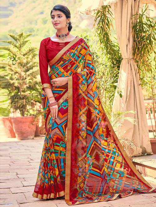 red chiffon printed saree - 19506503 - Very Small Image - 1