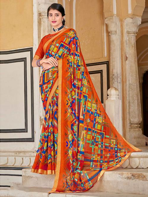orange chiffon printed saree with blouse - 19506505 - Very Small Image - 1