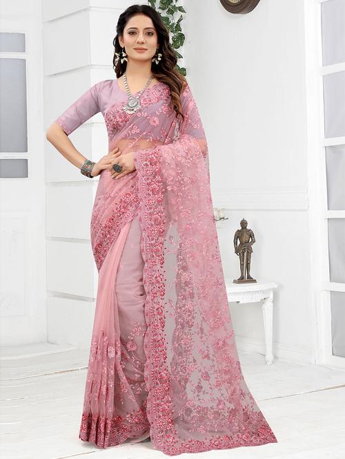 pink woven net saree with blouse - 19506509 - Very Small Image - 1