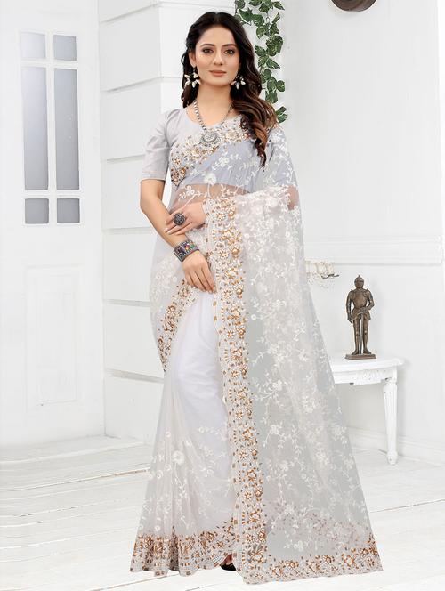 white woven net saree with blouse - 19506512 - Very Small Image - 1