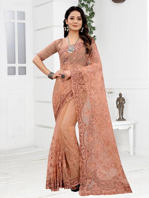peach woven net saree with blouse - 19506513 - Very Small Image - 1