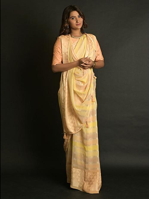 yellow georgette woven striped saree with blouse - 19506519 - Very Small Image - 1