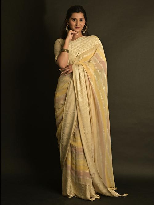 yellow georgette woven striped saree with blouse - 19506521 - Very Small Image - 1