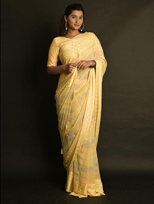 yellow georgette woven striped saree with blouse - 19506523 - Very Small Image - 1