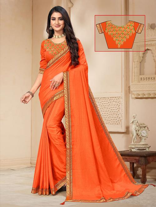 orange silk solid with border saree with blouse - 19506527 - Very Small Image - 1