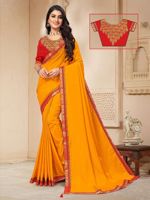 yellow silk solid with border saree with blouse - 19506532 - Very Small Image - 1