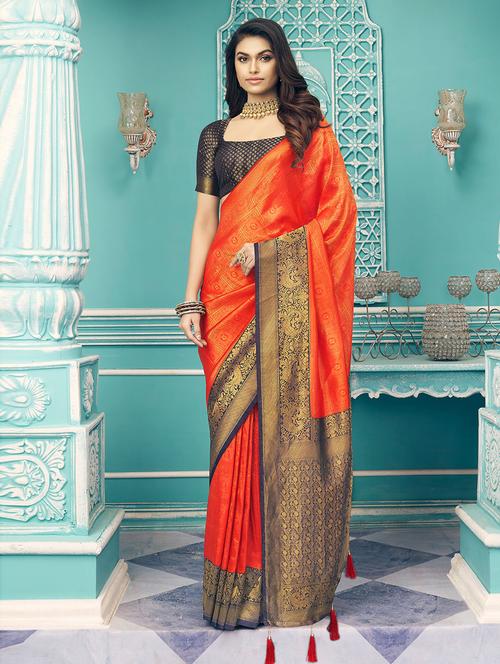 orange silk woven saree with blouse - 19506544 - Very Small Image - 1