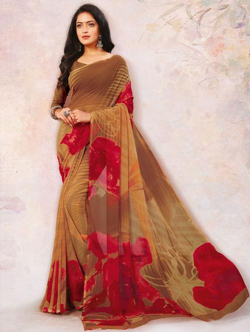 beige georgette printed saree with blouse - 19506556 - Very Small Image - 1
