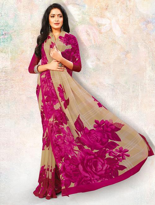 beige georgette printed saree with blouse - 19506559 - Very Small Image - 1