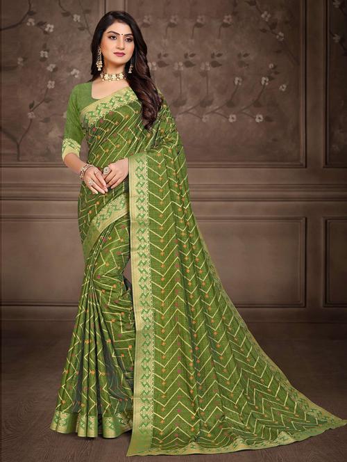 green silk woven printed saree with blouse - 19506582 - Very Small Image - 1