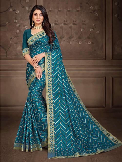 teal silk woven printed saree with blouse - 19506583 - Very Small Image - 1