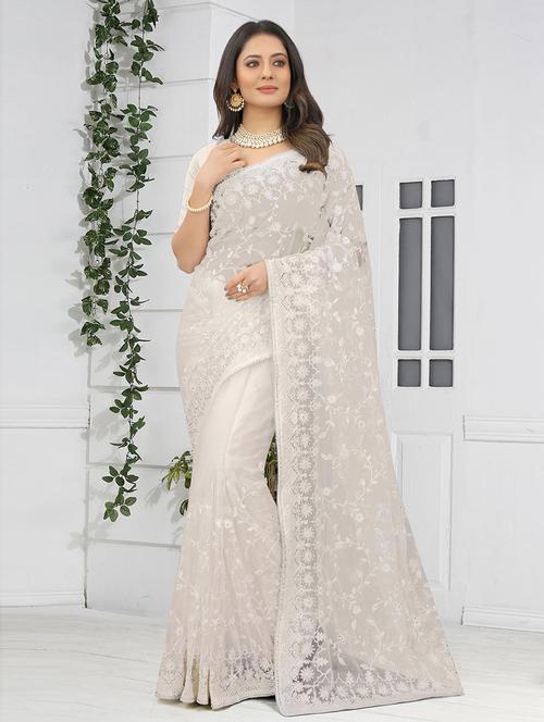 off-white net embroidered saree with blouse - 19506596 - Very Small Image - 1