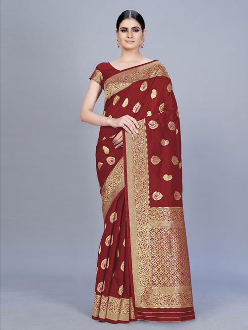 maroon satin ethnic motif woven saree with blouse - 19506609 - Very Small Image - 1