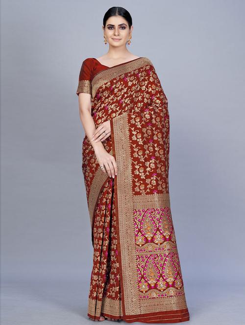 maroon satin woven saree with blouse - 19506617 - Very Small Image - 1