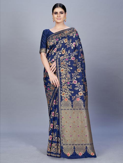 navy blue satin woven saree with blouse - 19506619 - Very Small Image - 1