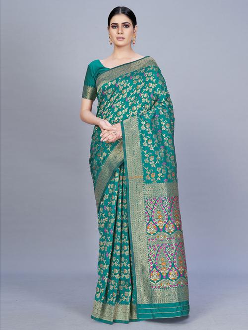 turquoise satin woven saree with blouse - 19506624 - Very Small Image - 1