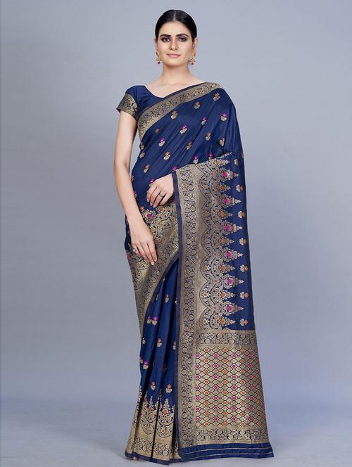 navy blue satin ethnic motif woven saree with blouse - 19506625 - Very Small Image - 1
