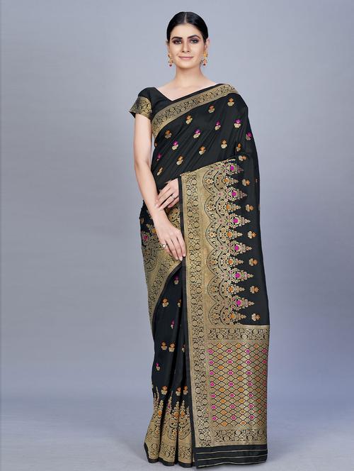 black satin ethnic motif woven saree with blouse - 19506627 - Very Small Image - 1