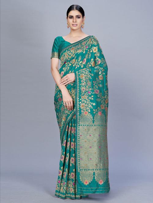 green satin woven saree with blouse - 19506629 - Very Small Image - 1