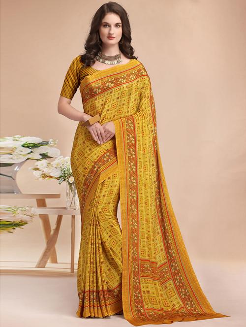 yellow crepe woven printed saree with blouse - 19506639 - Very Small Image - 1