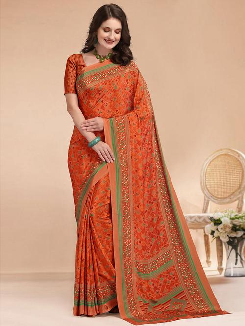 orange crepe woven printed saree with blouse - 19506641 - Very Small Image - 1