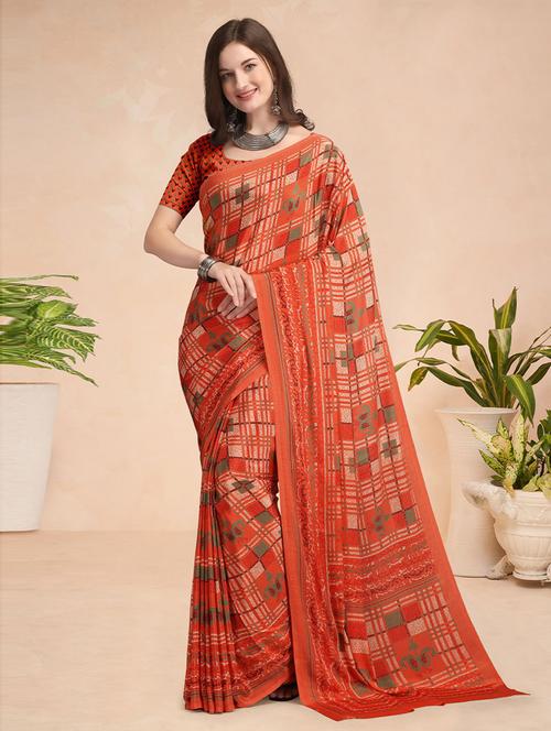 orange crepe woven printed saree with blouse - 19506643 - Very Small Image - 1