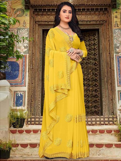 yellow georgette embroidered saree with blouse - 19506649 - Very Small Image - 1