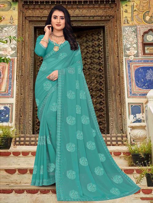 green georgette embroidered saree with blouse - 19506653 - Very Small Image - 1