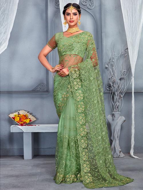 green net embroidered saree with blouse - 19506657 - Very Small Image - 1