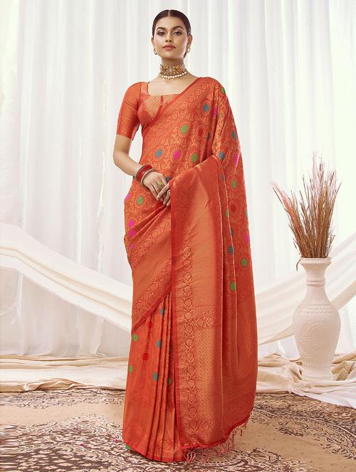 orange silk woven saree with blouse - 19506669 - Very Small Image - 1