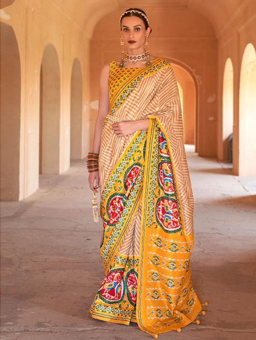 yellow silk woven printed saree with blouse - 19506679 - Very Small Image - 1