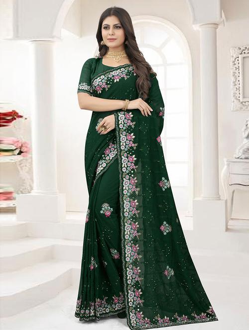 green georgette embroidered saree - 19506693 - Very Small Image - 1