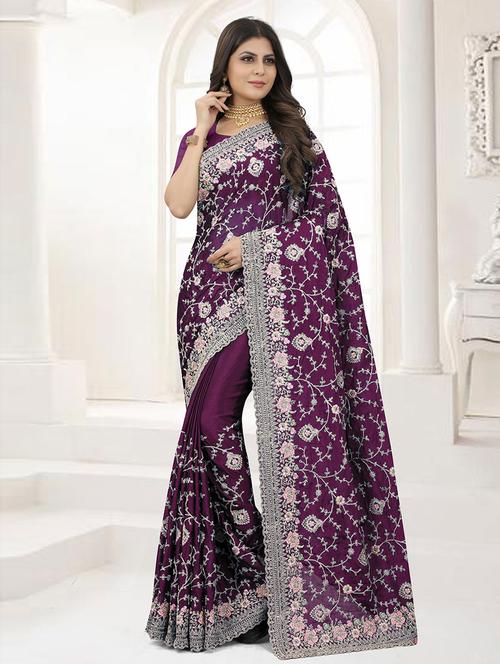 purple silk embroidered saree with blouse - 19506694 - Very Small Image - 1