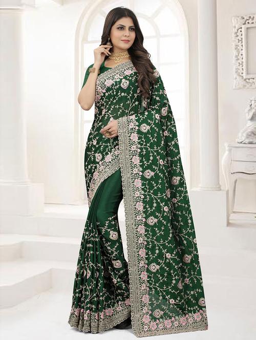 green silk embroidered saree with blouse - 19506697 - Very Small Image - 1