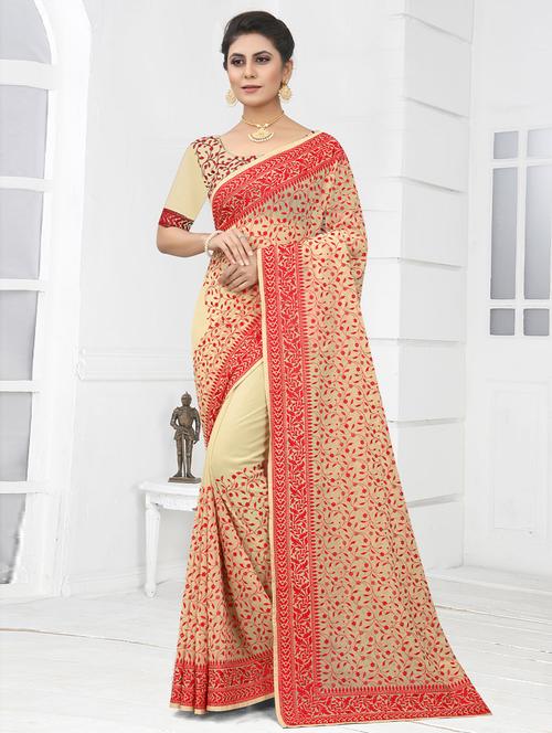 cream georgette embroidered saree with blouse - 19506710 - Very Small Image - 1