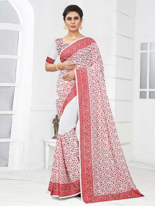white georgette embroidered saree - 19506715 - Very Small Image - 1