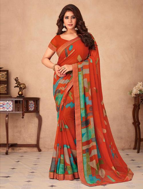 orange chiffon printed saree - 19506719 - Very Small Image - 1
