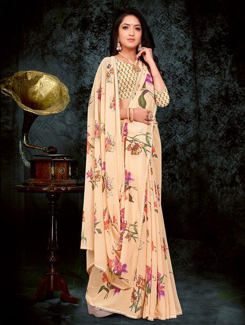 peach cotton floral print saree with blouse - 19506742 - Very Small Image - 1