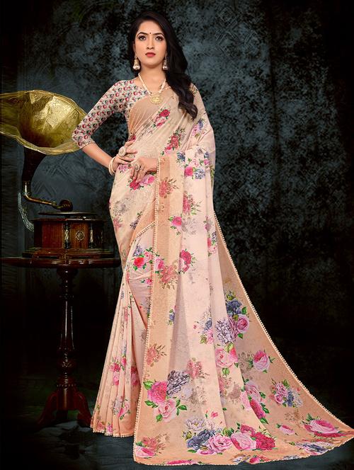 peach cotton floral print saree with blouse - 19506746 - Very Small Image - 1