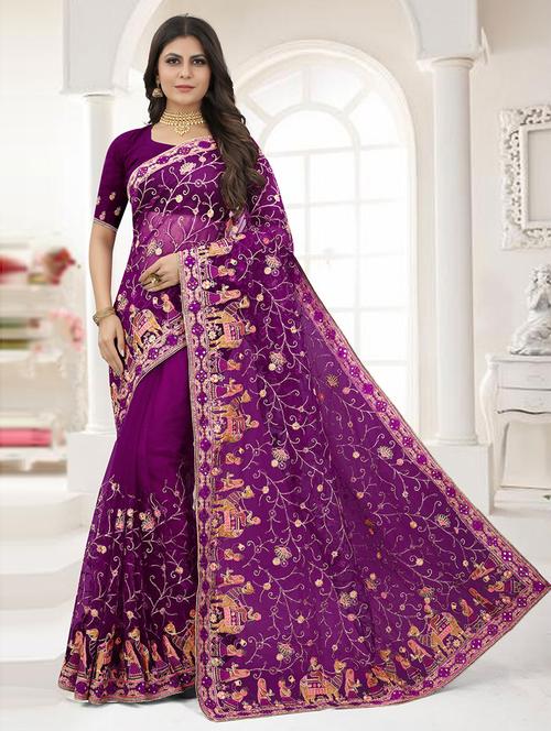 purple net embroidered saree - 19506757 - Very Small Image - 1