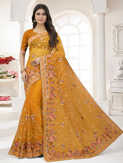yellow net embroidered saree with blouse - 19506758 - Very Small Image - 1