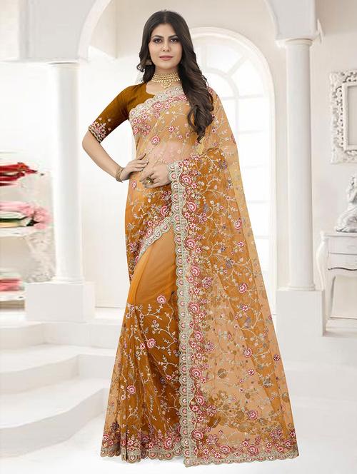 yellow net embroidered saree with blouse - 19506766 - Very Small Image - 1