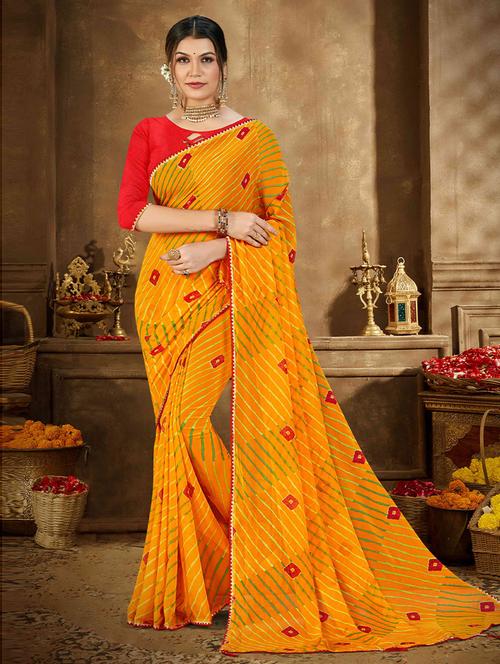 yellow georgette woven printed saree with blouse - 19506785 - Very Small Image - 1