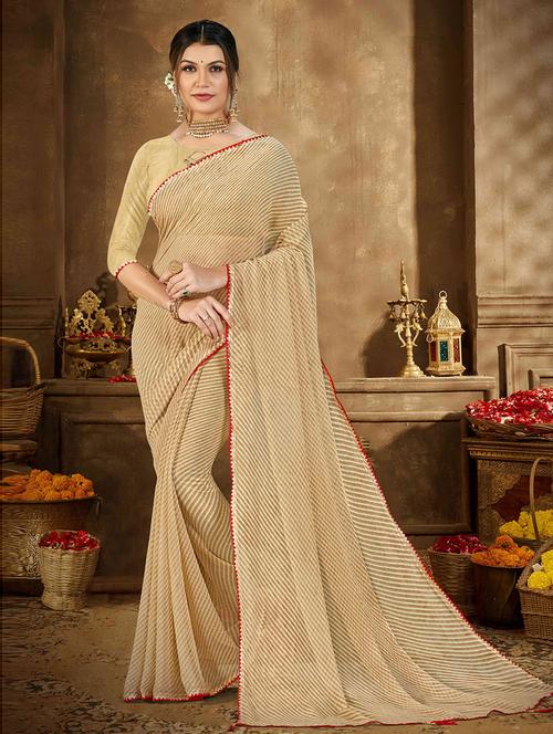 cream georgette woven striped saree with blouse - 19506788 - Very Small Image - 1